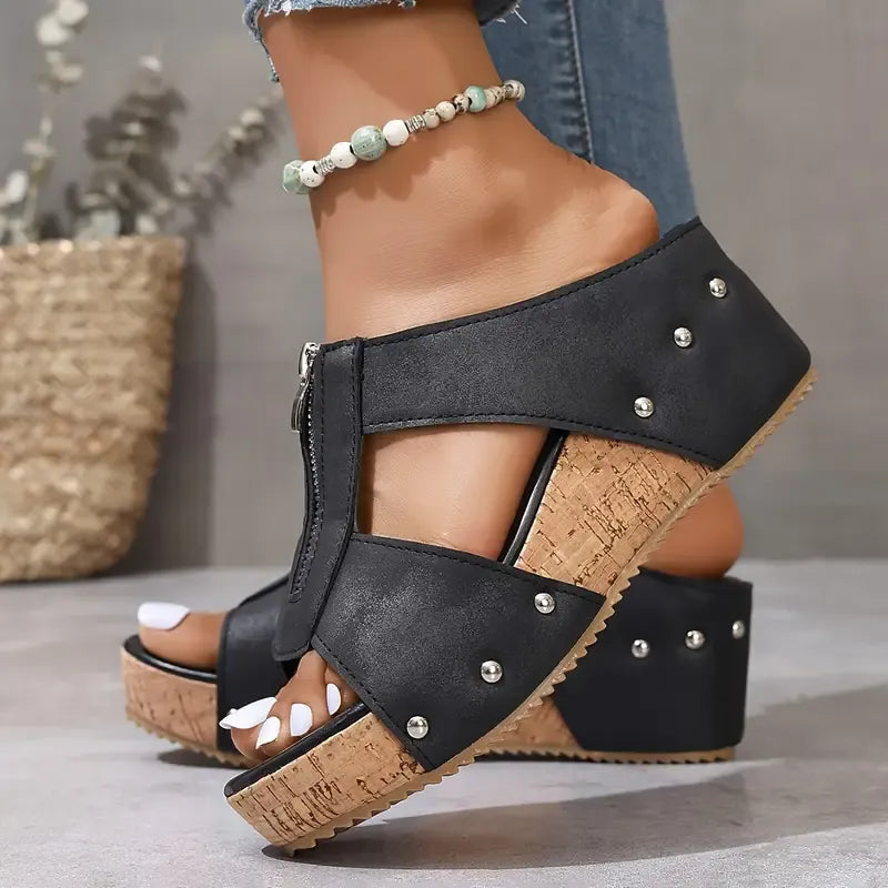Front Zip Wedge Sandals With Rivets For Women
