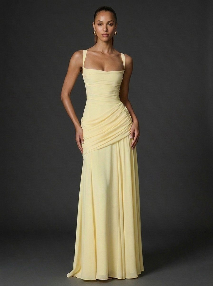 Square Neck Sleeveless Ruched Maxi Dress for Women