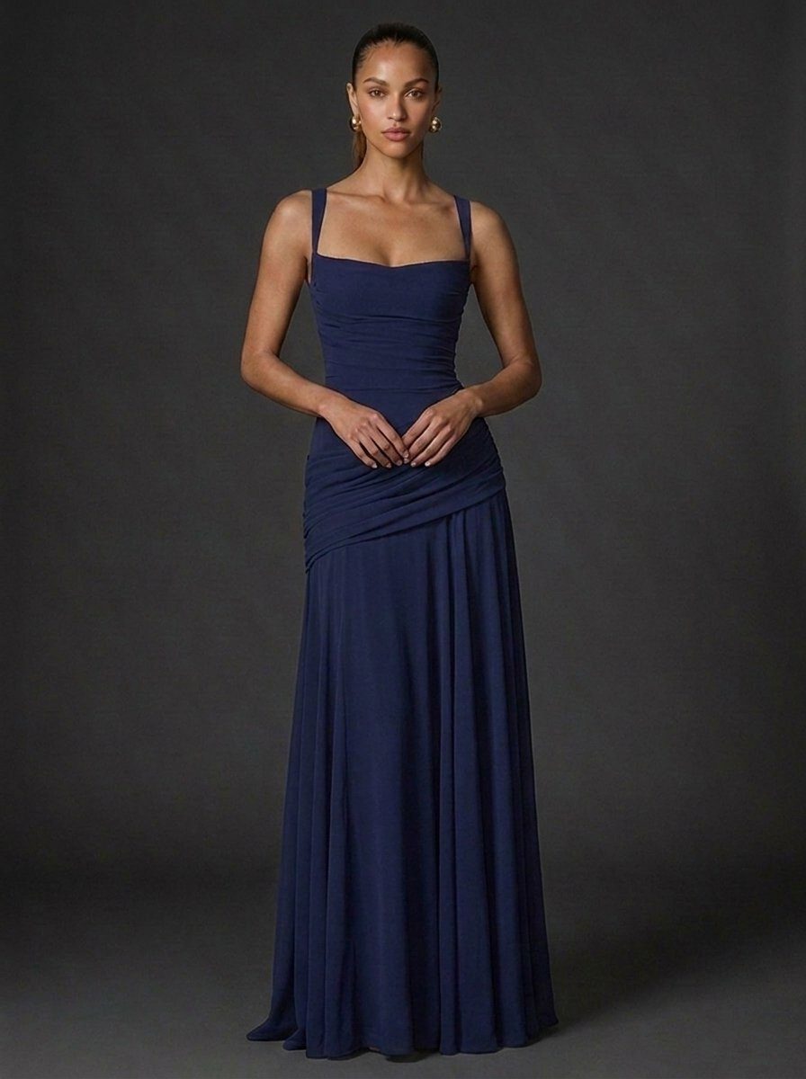 Square Neck Sleeveless Ruched Maxi Dress for Women - Dark Blue
