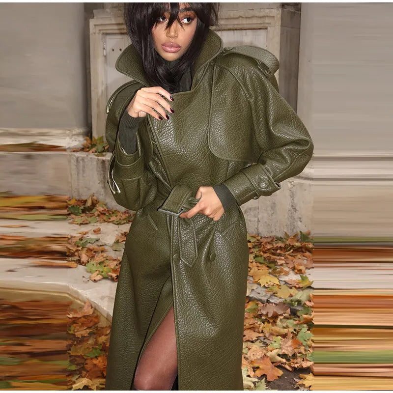 Stand Collar Leather Trench Coat for Women - Green