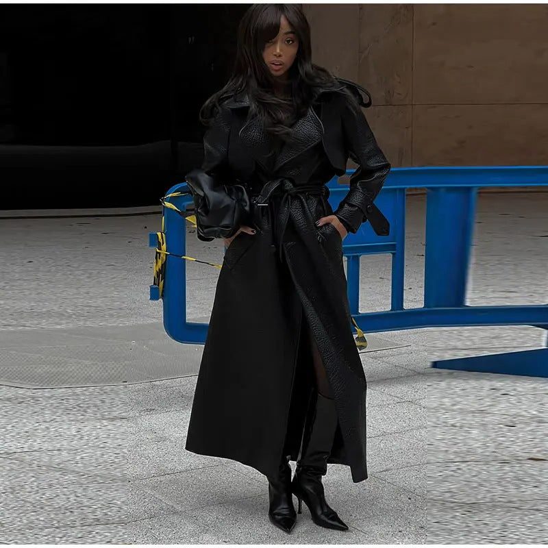 Stand Collar Leather Trench Coat for Women - Black