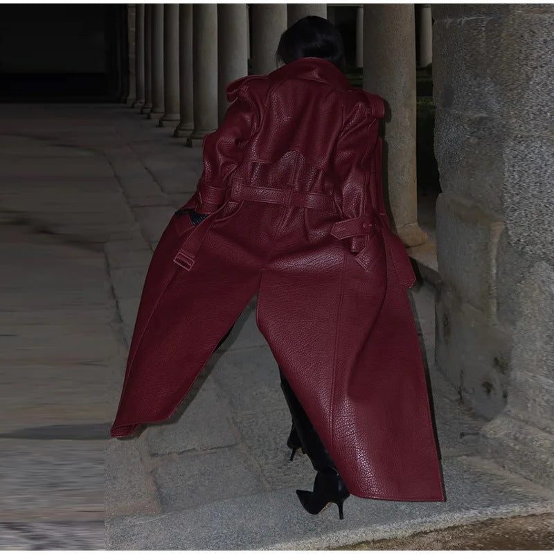 Stand Collar Leather Trench Coat for Women - View 3