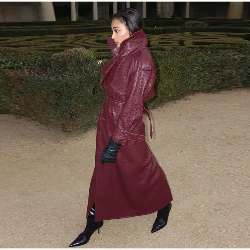 Stand Collar Leather Trench Coat for Women - View 4