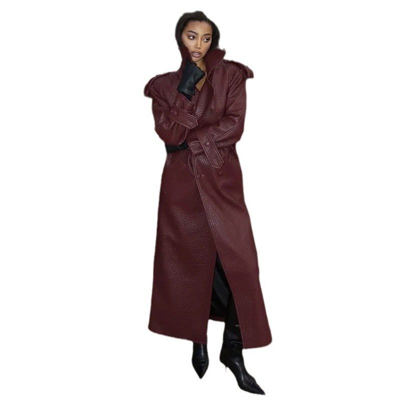 Stand Collar Leather Trench Coat for Women - View 5