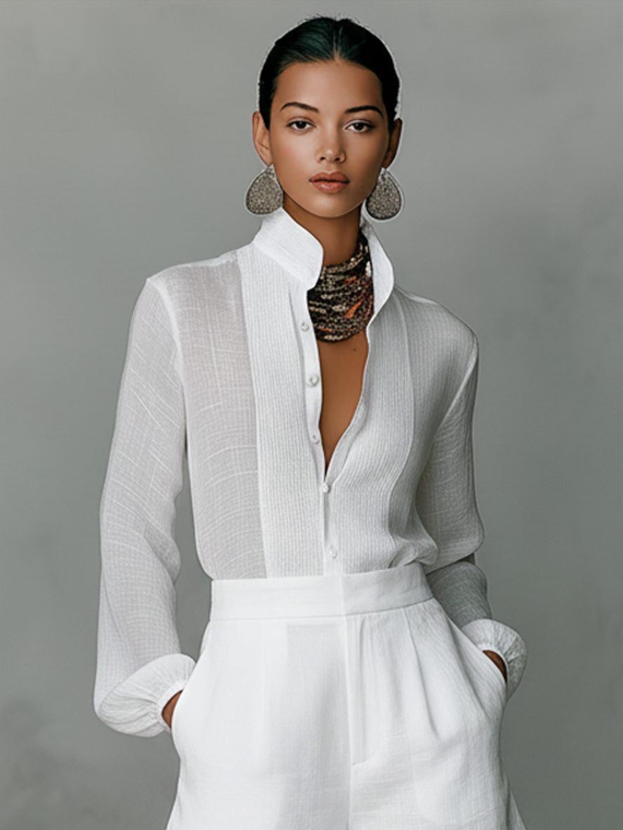 Stand-Collar Linen Shorts Set for Women - View 2