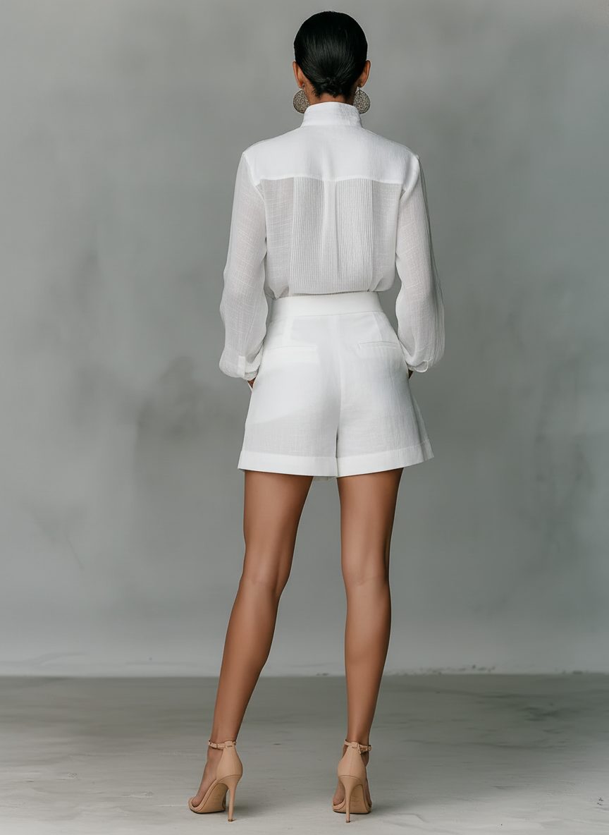 Stand-Collar Linen Shorts Set for Women - View 5