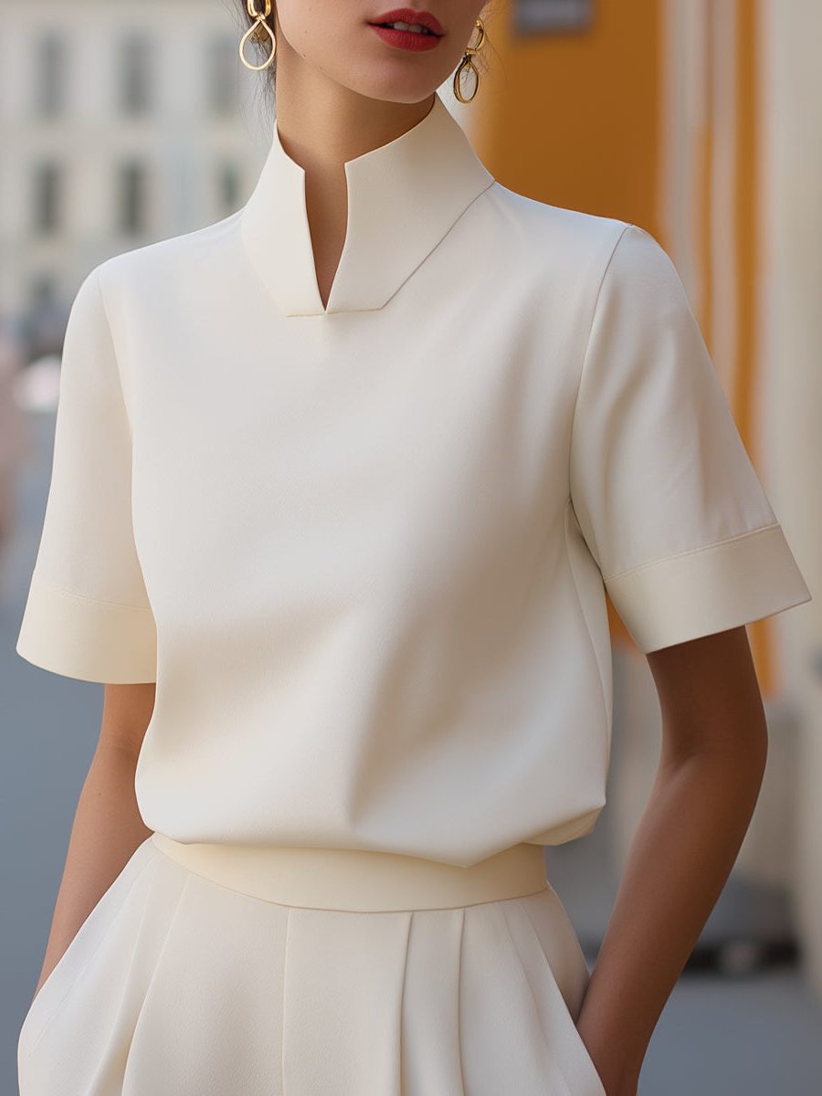 Stand Collar Short Sleeve Blouse for Women