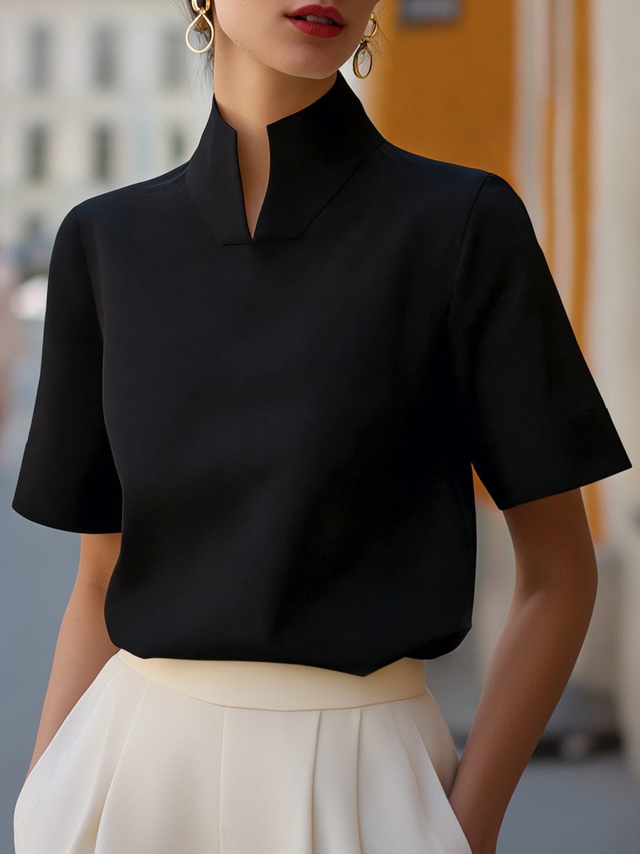 Stand Collar Short Sleeve Blouse for Women - Black
