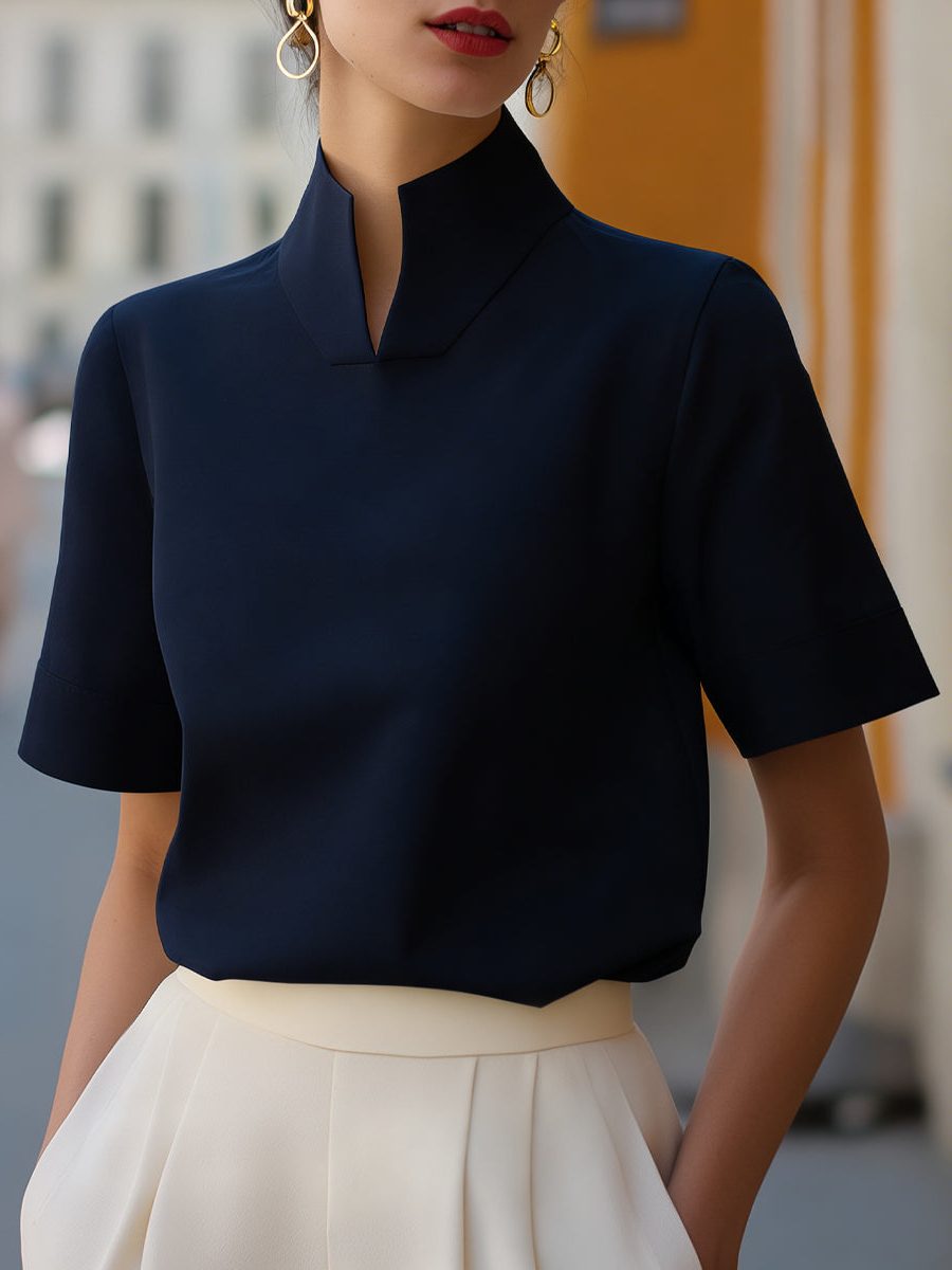 Stand Collar Short Sleeve Blouse for Women - Navy Blue