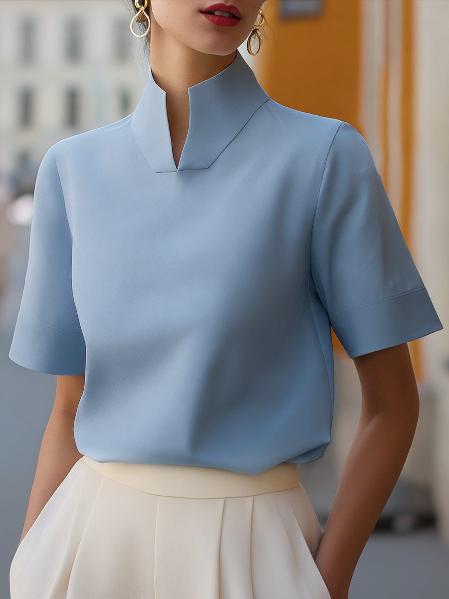 Stand Collar Short Sleeve Blouse for Women - Blue