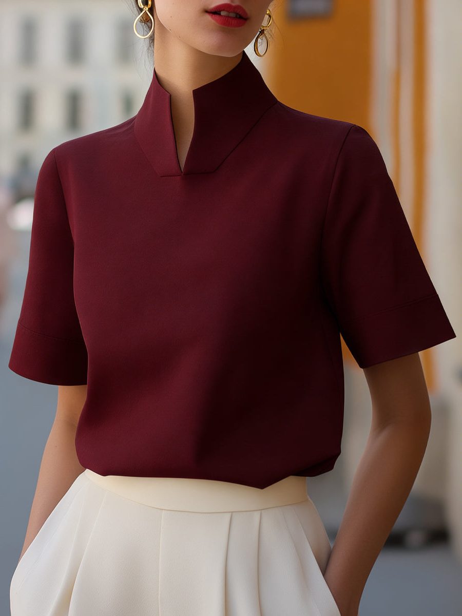 Stand Collar Short Sleeve Blouse for Women - Burgundy