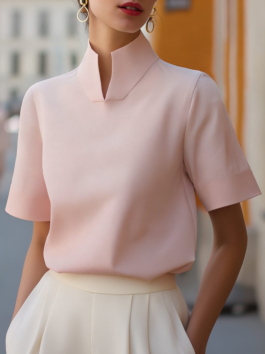 Stand Collar Short Sleeve Blouse for Women - Pink