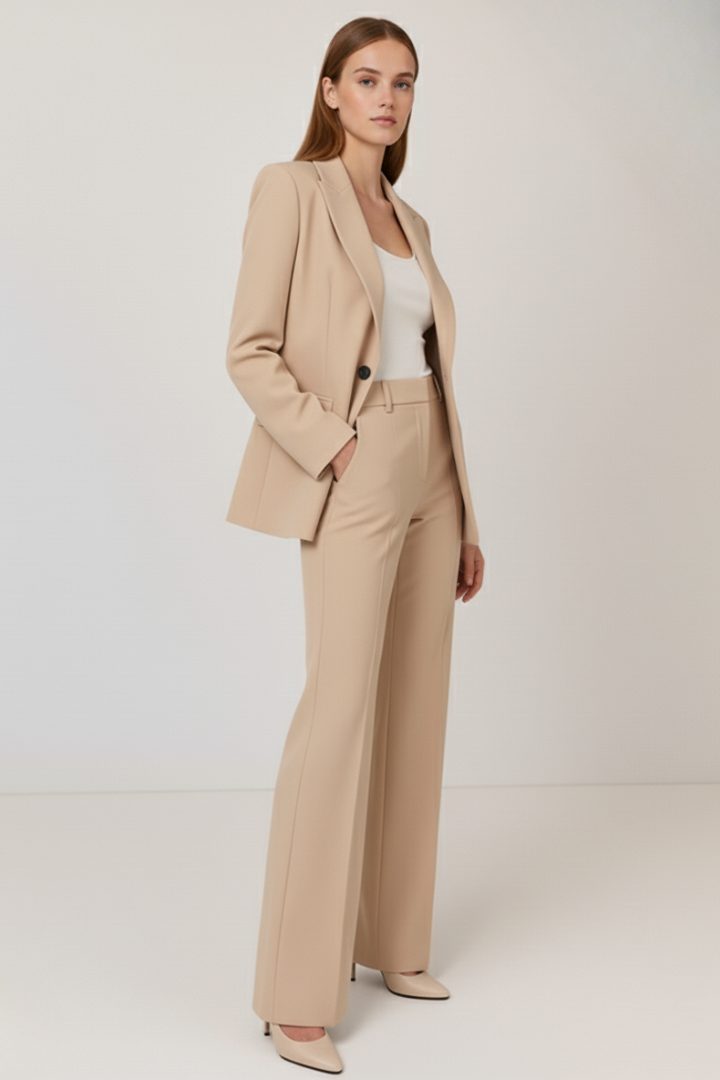 Straight Leg Blazer Suit Set for Women - Beige