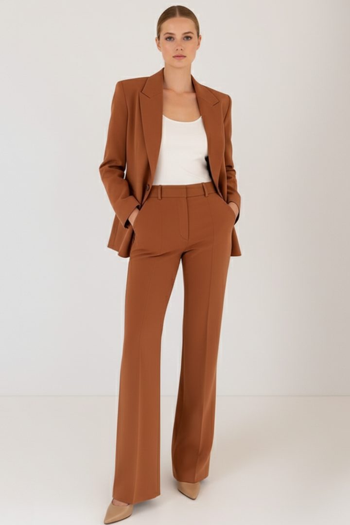 Straight Leg Blazer Suit Set for Women - Brown