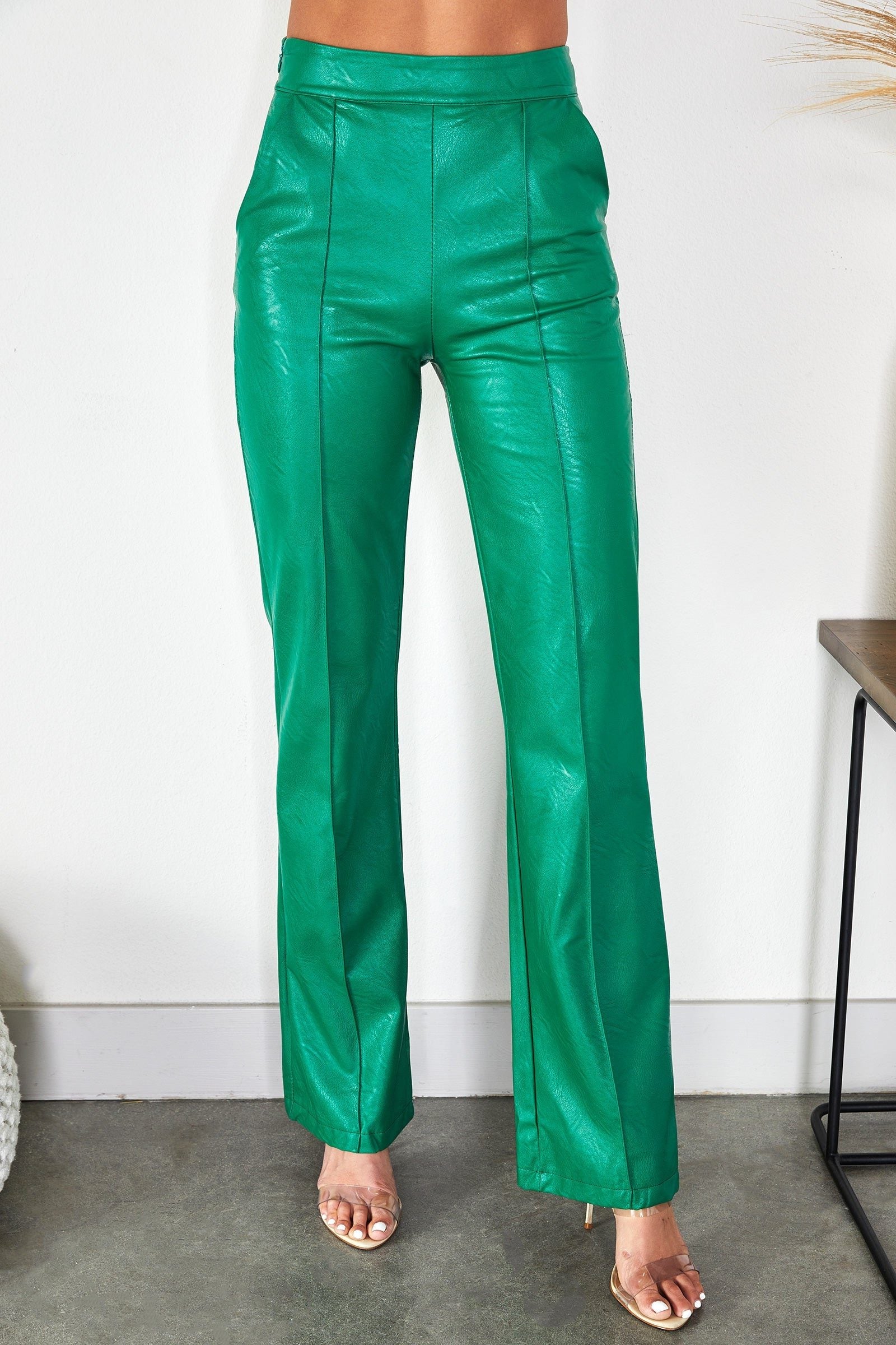 Straight Leg Faux Leather Trousers for Women - Kelly Green