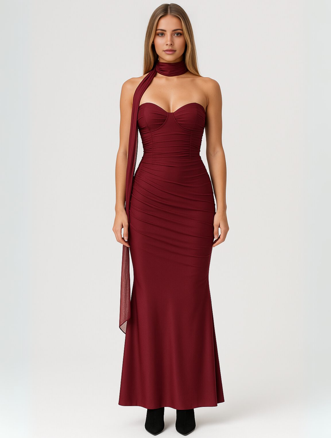 Strapless Choker Maxi Dress for Women - Burgundy