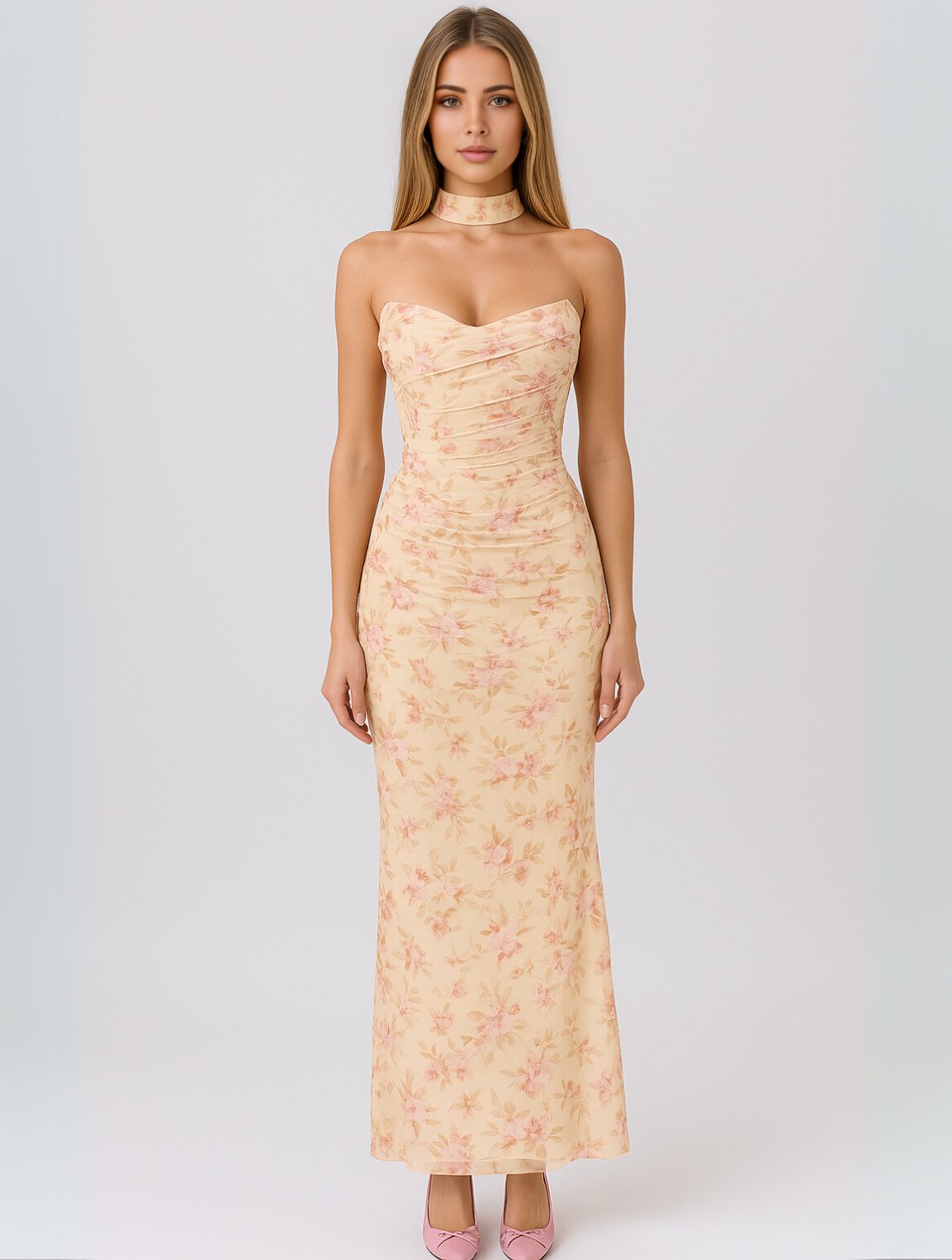 Strapless Choker Maxi Dress for Women - Yellow-Floral