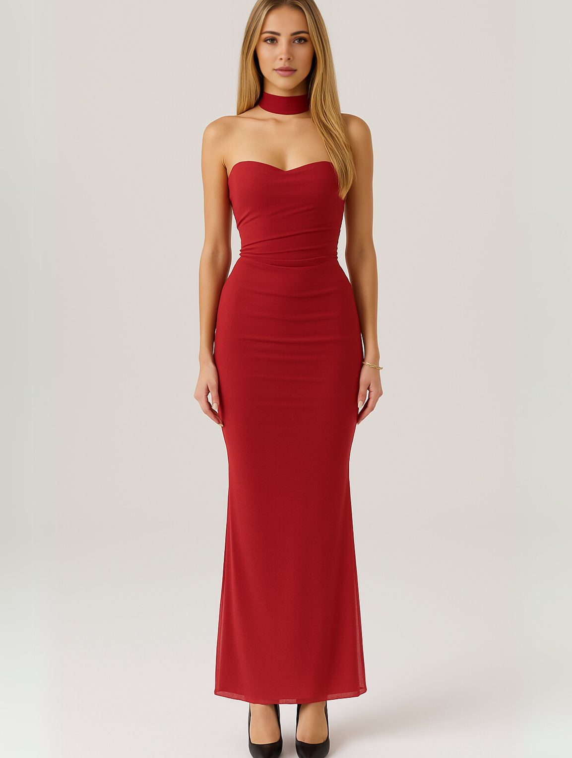 Strapless Choker Maxi Dress for Women - Red