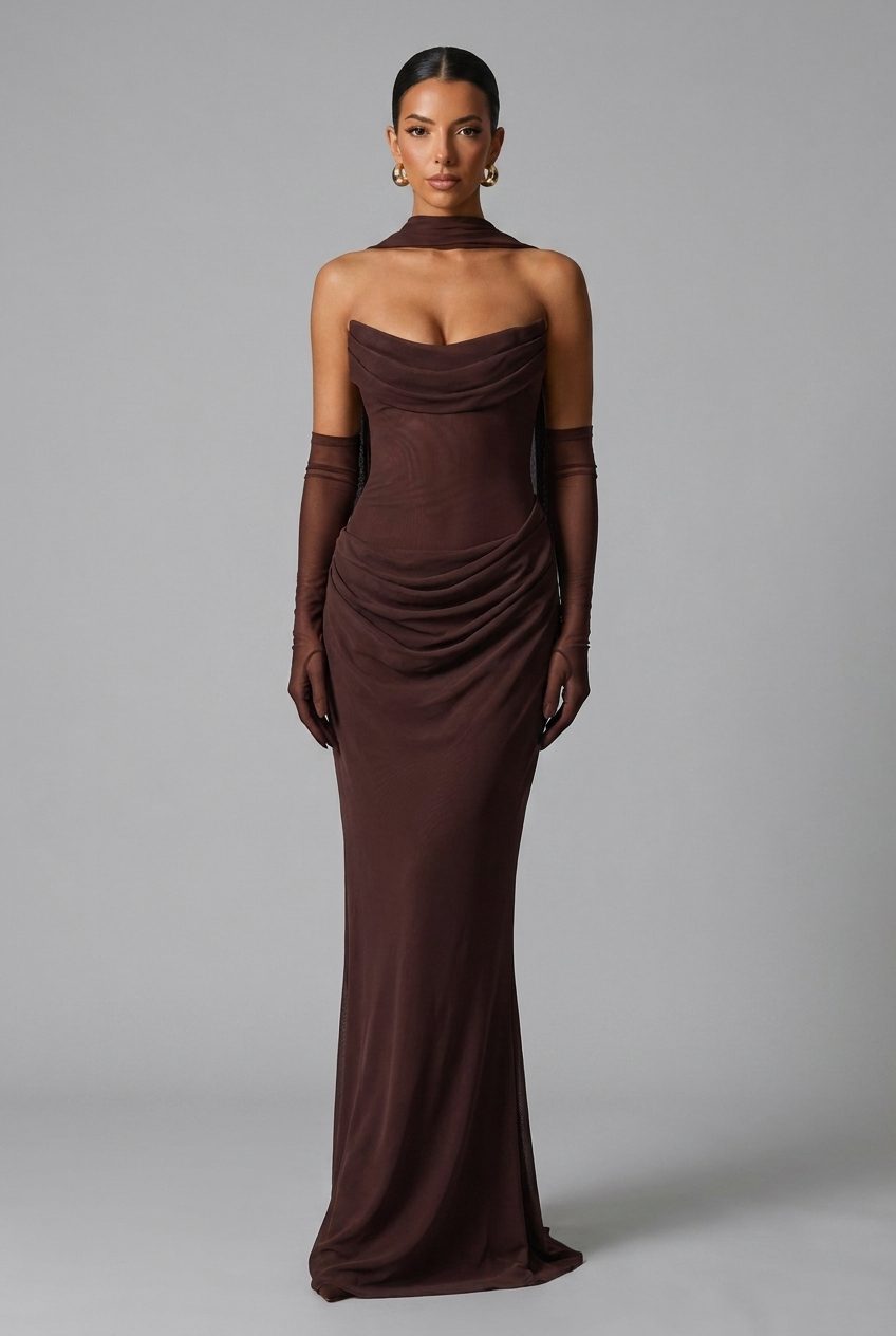 Strapless Cowl Neck Draped Column Maxi Dress for Women
