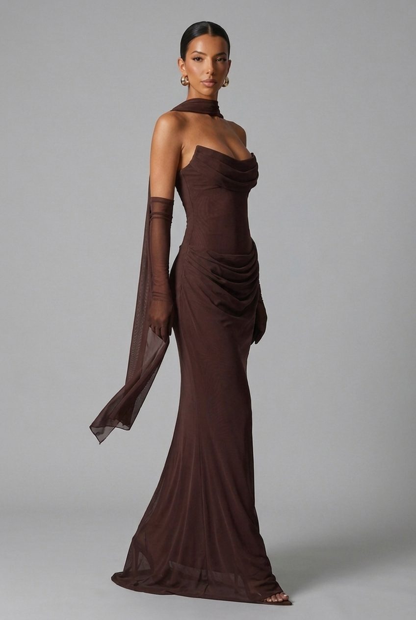 Strapless Cowl Neck Draped Column Maxi Dress for Women - View 2
