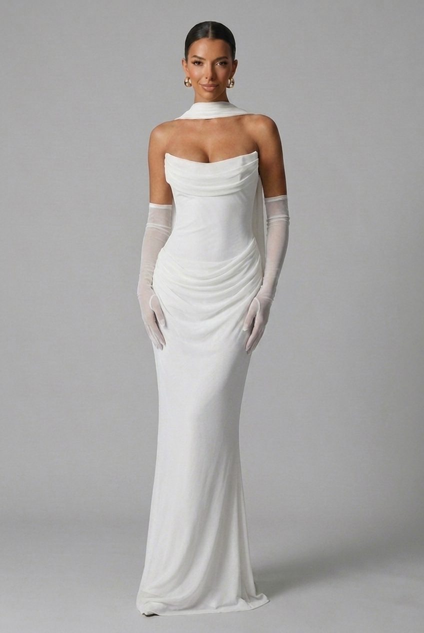Strapless Cowl Neck Draped Column Maxi Dress for Women - White