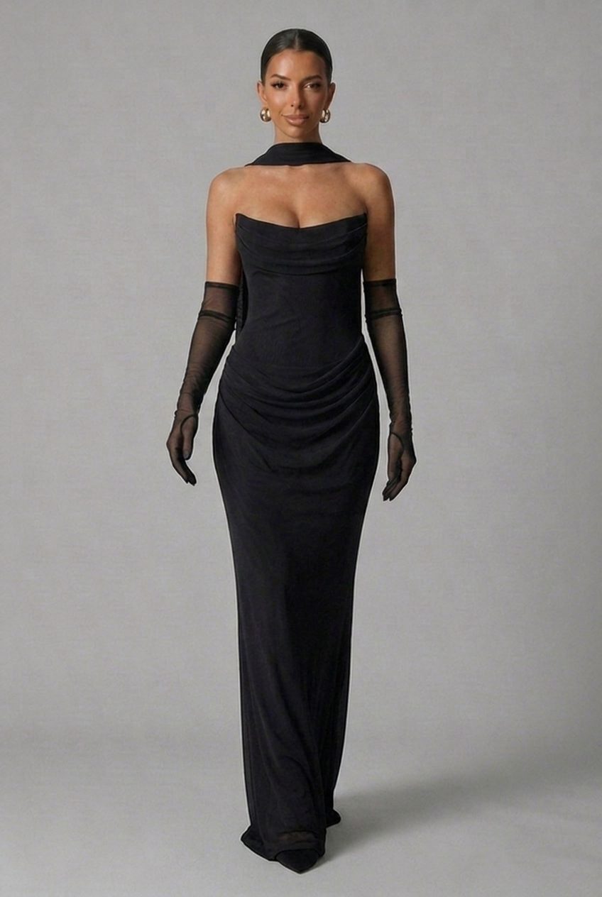 Strapless Cowl Neck Draped Column Maxi Dress for Women - Black