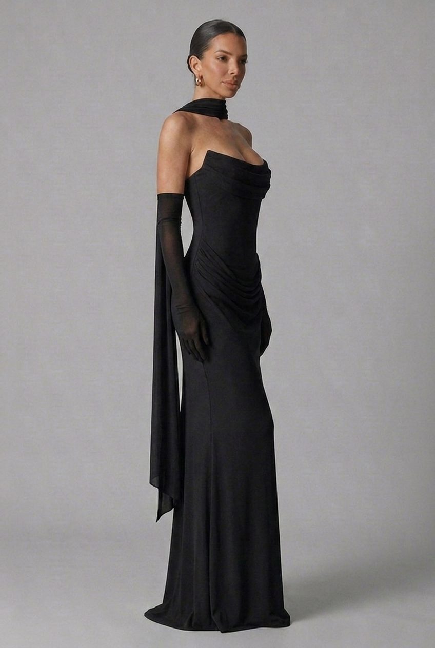 Strapless Cowl Neck Draped Column Maxi Dress for Women - View 8
