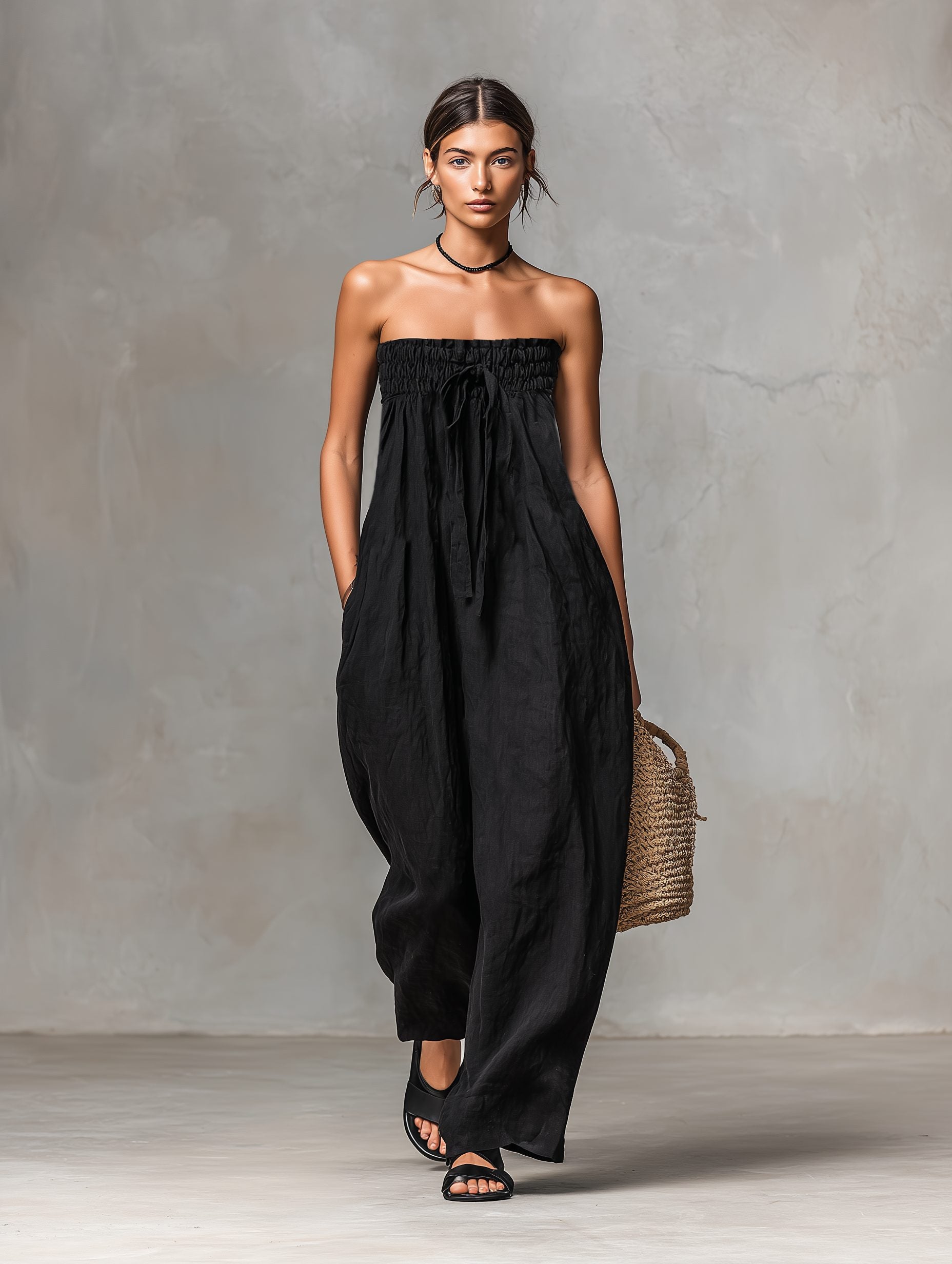 Strapless Linen-Blend Maxi Jumpsuit with Tie Waist for Women
