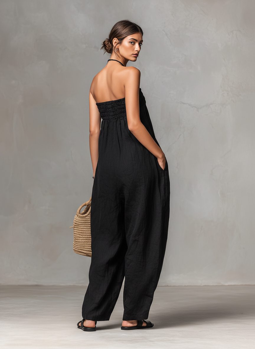 Strapless Linen-Blend Maxi Jumpsuit with Tie Waist for Women - View 2