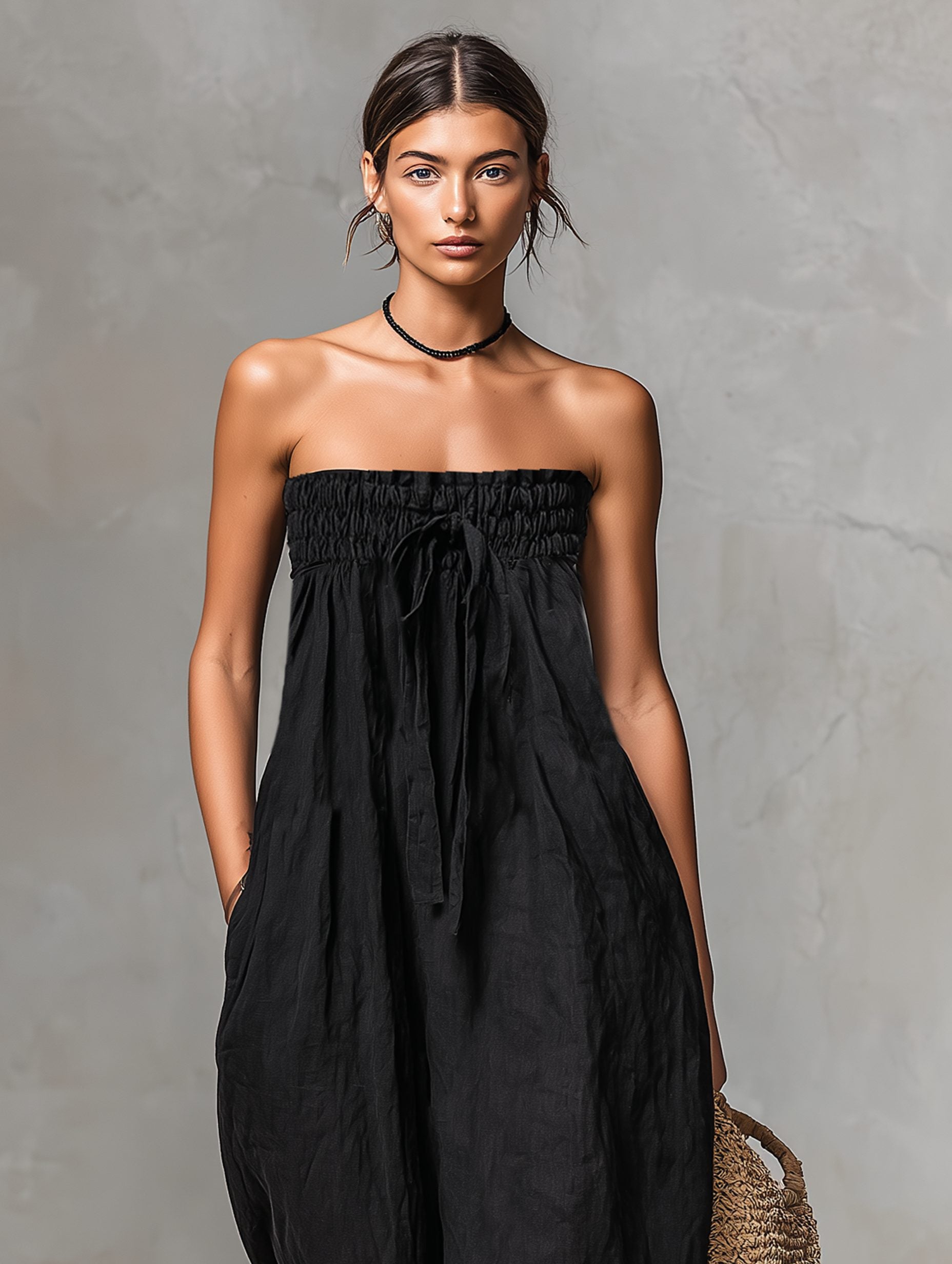 Strapless Linen-Blend Maxi Jumpsuit with Tie Waist for Women - View 3