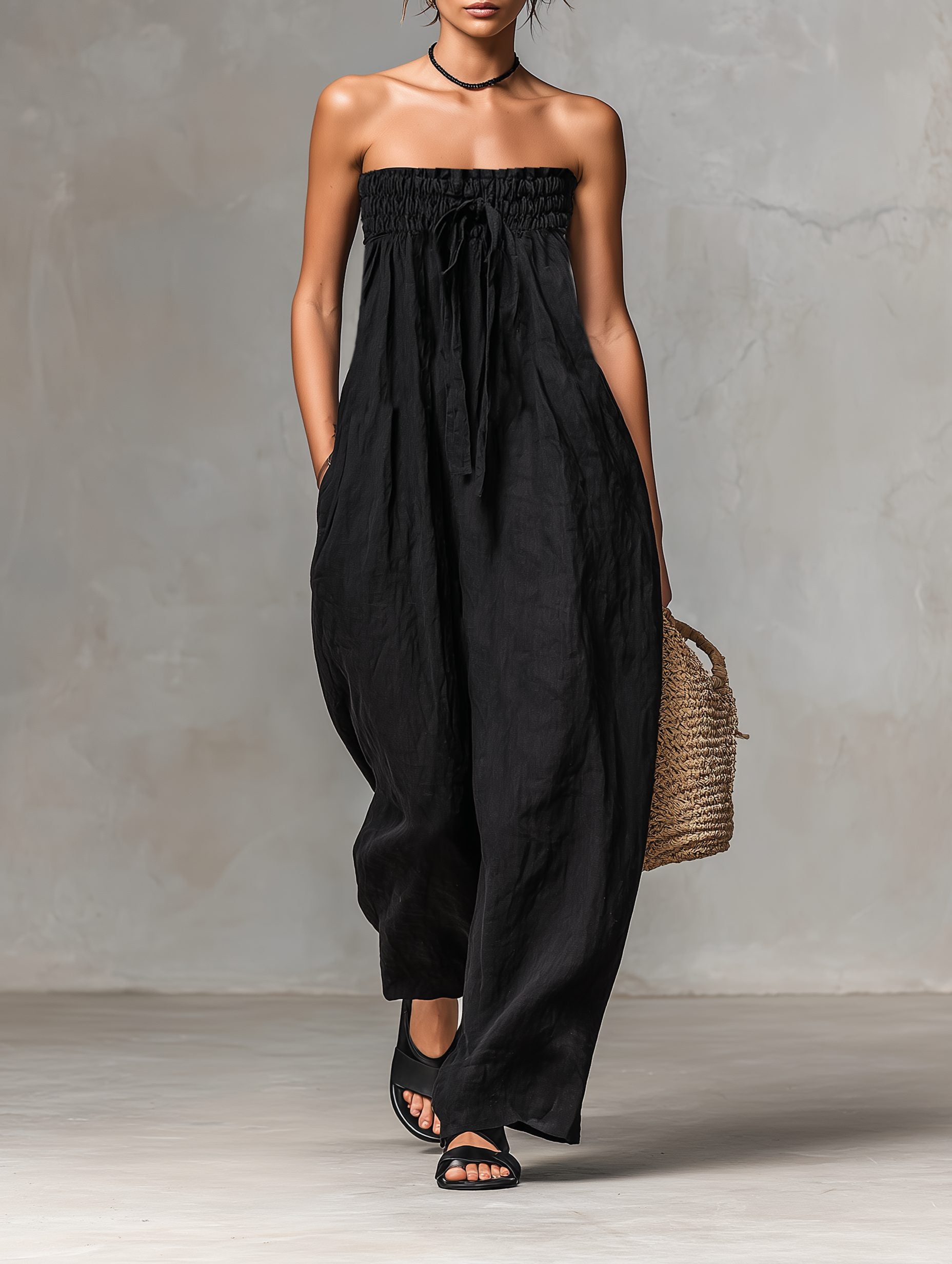 Strapless Linen-Blend Maxi Jumpsuit with Tie Waist for Women - Black