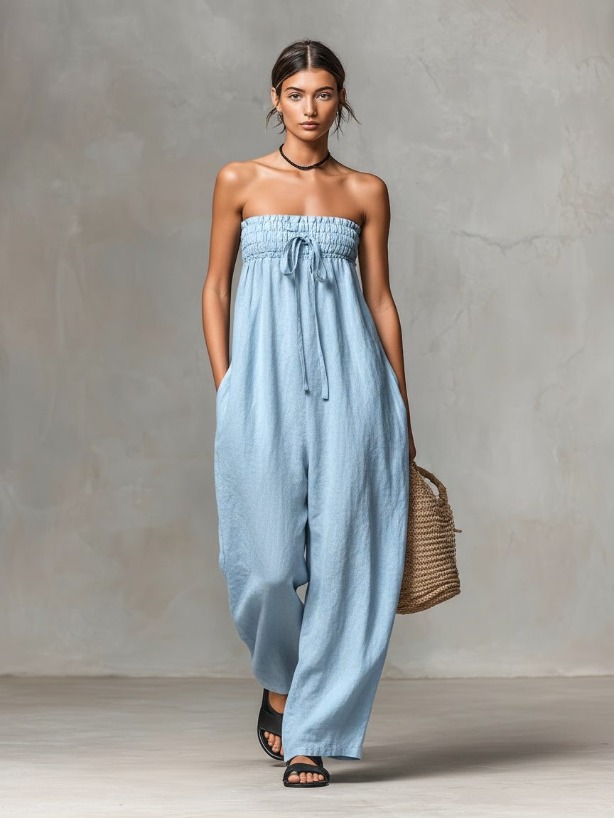 Strapless Linen-Blend Maxi Jumpsuit with Tie Waist for Women - Light Blue