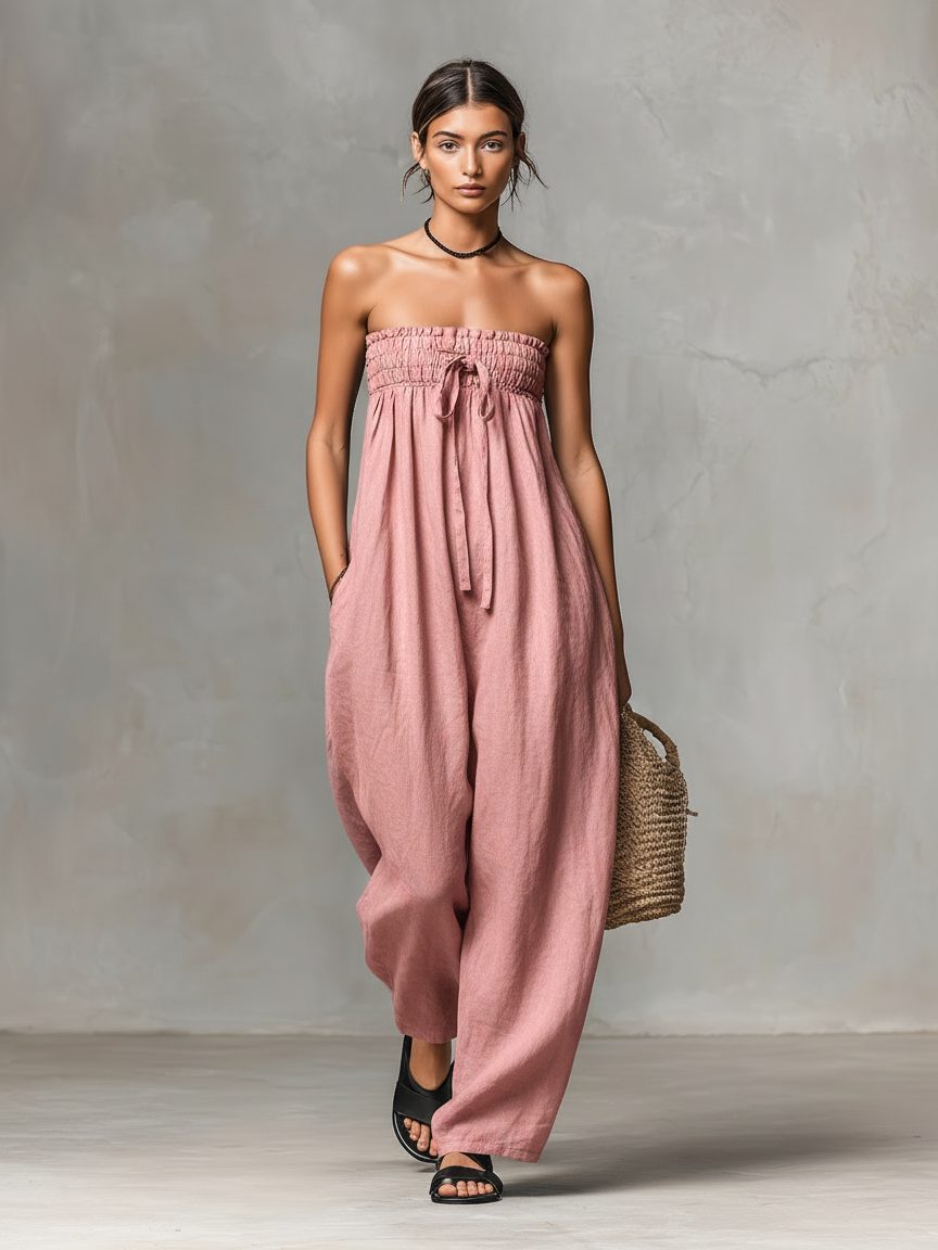 Strapless Linen-Blend Maxi Jumpsuit with Tie Waist for Women - Light Pink