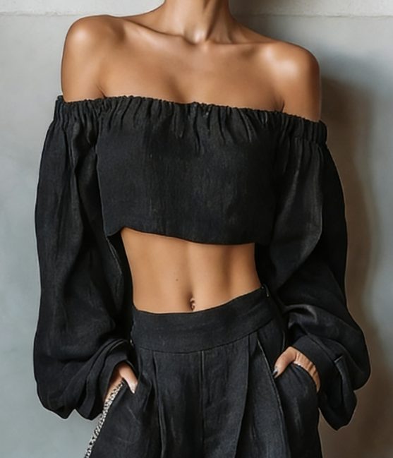 Strapless Off-Shoulder Linen Wide-Leg Pants Set for Women - View 3