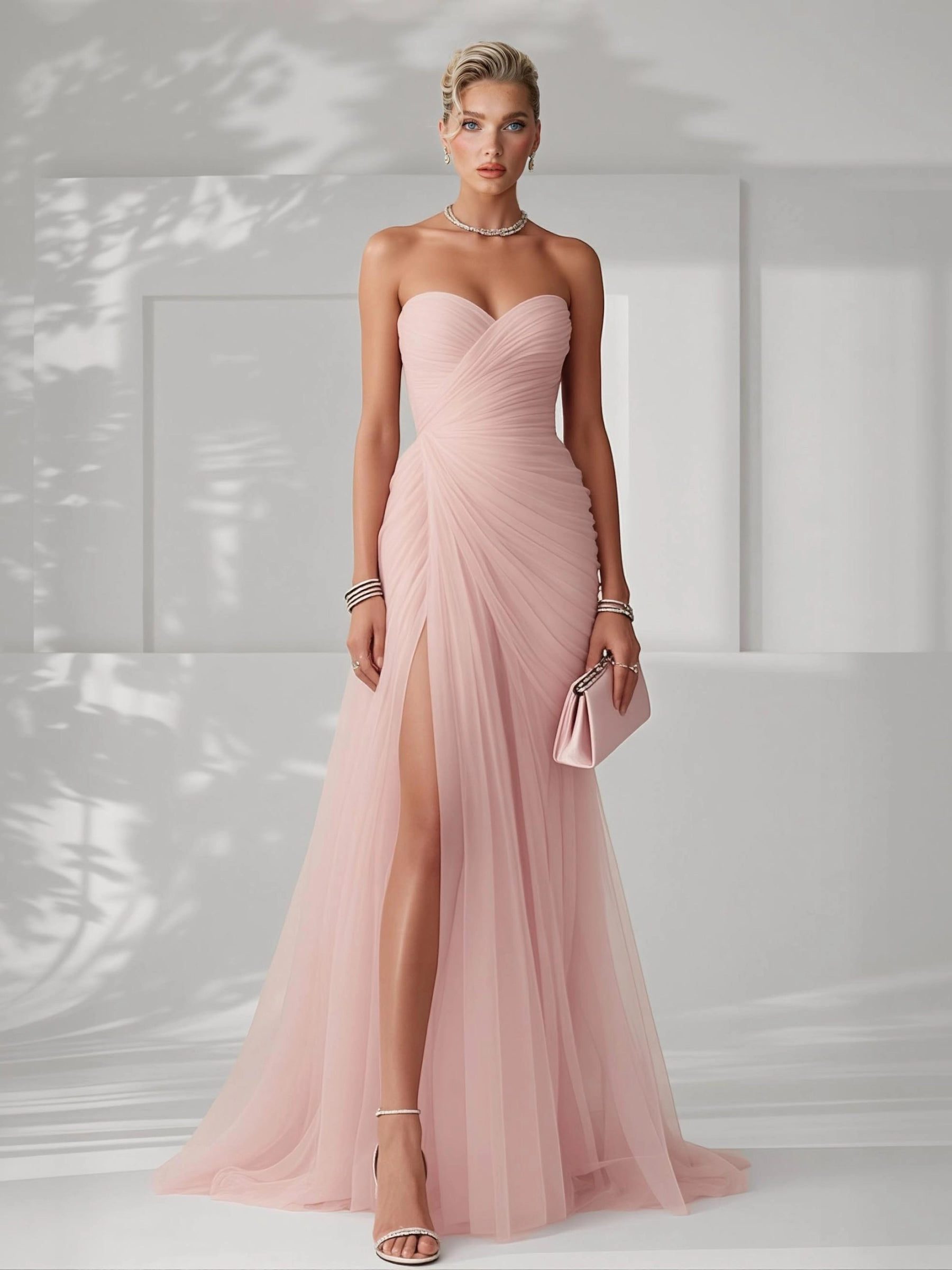 Strapless Pleated Wedding Guest Maxi Dress for Women - Pink