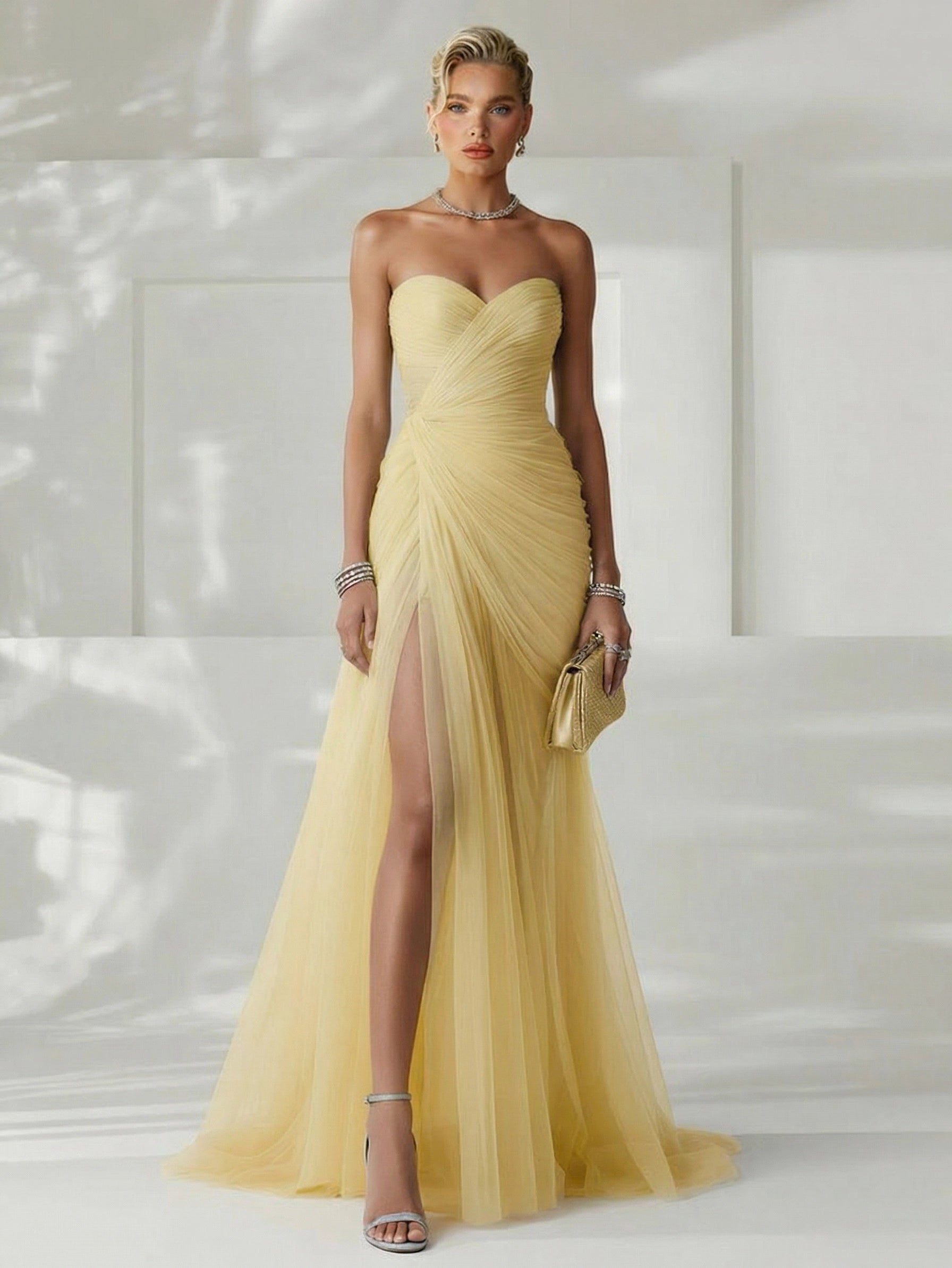 Strapless Pleated Wedding Guest Maxi Dress for Women - Yellow