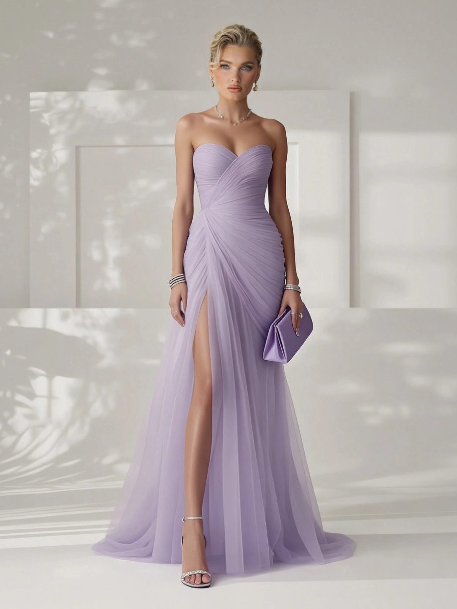 Strapless Pleated Wedding Guest Maxi Dress for Women - Light Purple