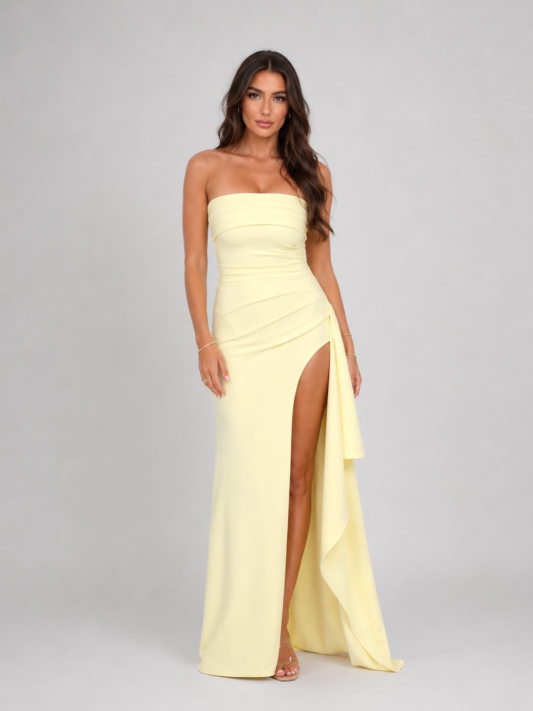 Strapless Ruched Maxi Dress with Thigh Split for Women