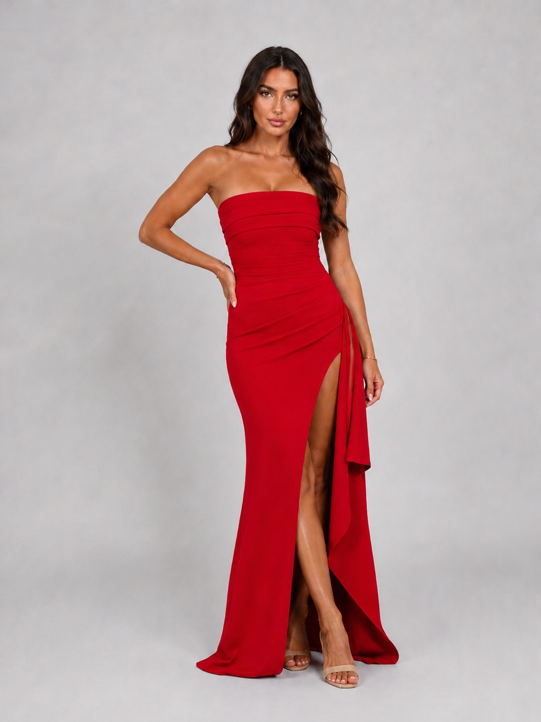 Strapless Ruched Maxi Dress with Thigh Split for Women - Red