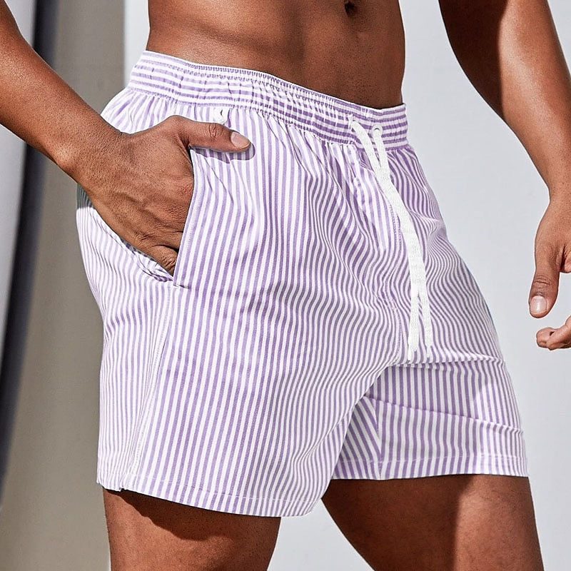 Striped Drawstring Swim Shorts for Men - Pink