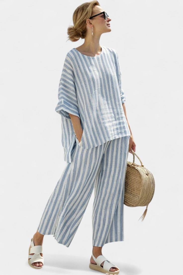 Striped Linen Oversized Top and Wide Leg Trousers Set for Women - Blue Stripe