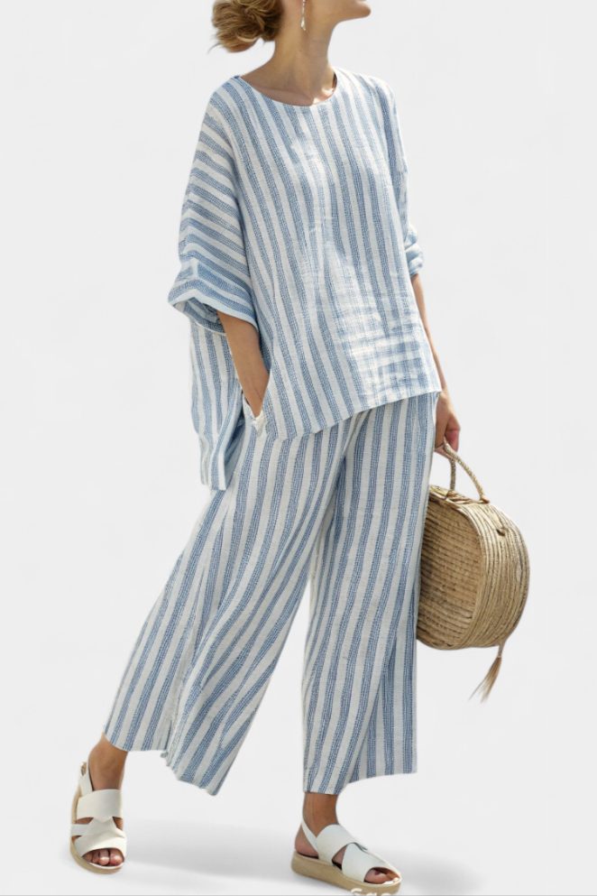 Striped Linen Oversized Top and Wide Leg Trousers Set for Women