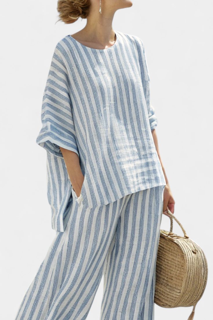 Striped Linen Oversized Top and Wide Leg Trousers Set for Women