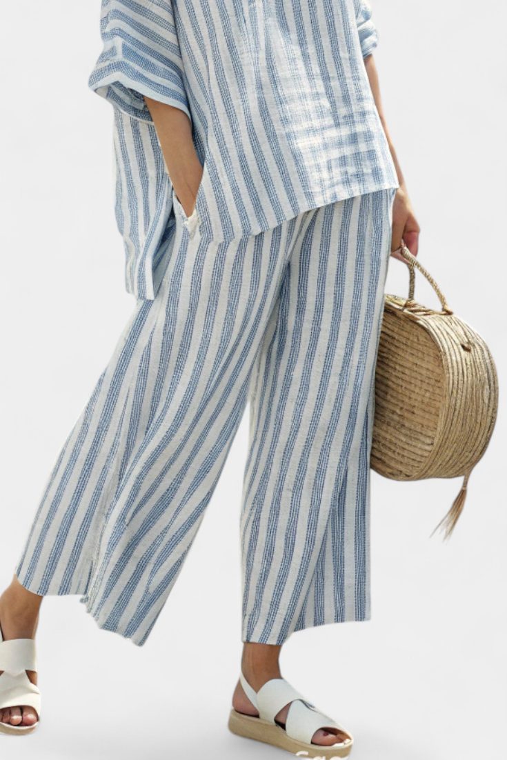 Striped Linen Oversized Top and Wide Leg Trousers Set for Women - View 3