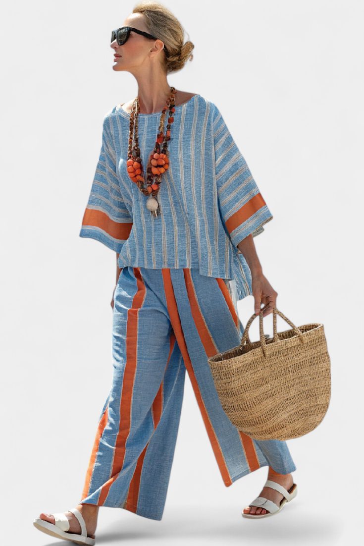 Striped Linen Top and Trousers Set for Women - Terracotta Stripe