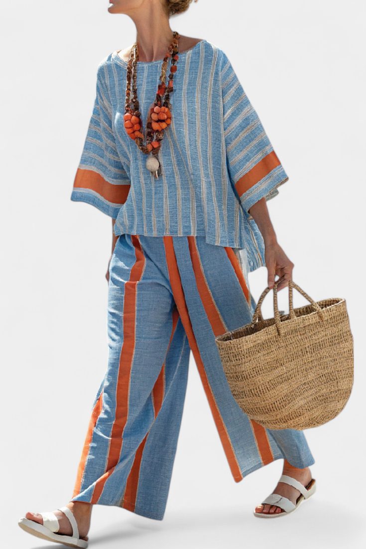 Striped Linen Top and Trousers Set for Women