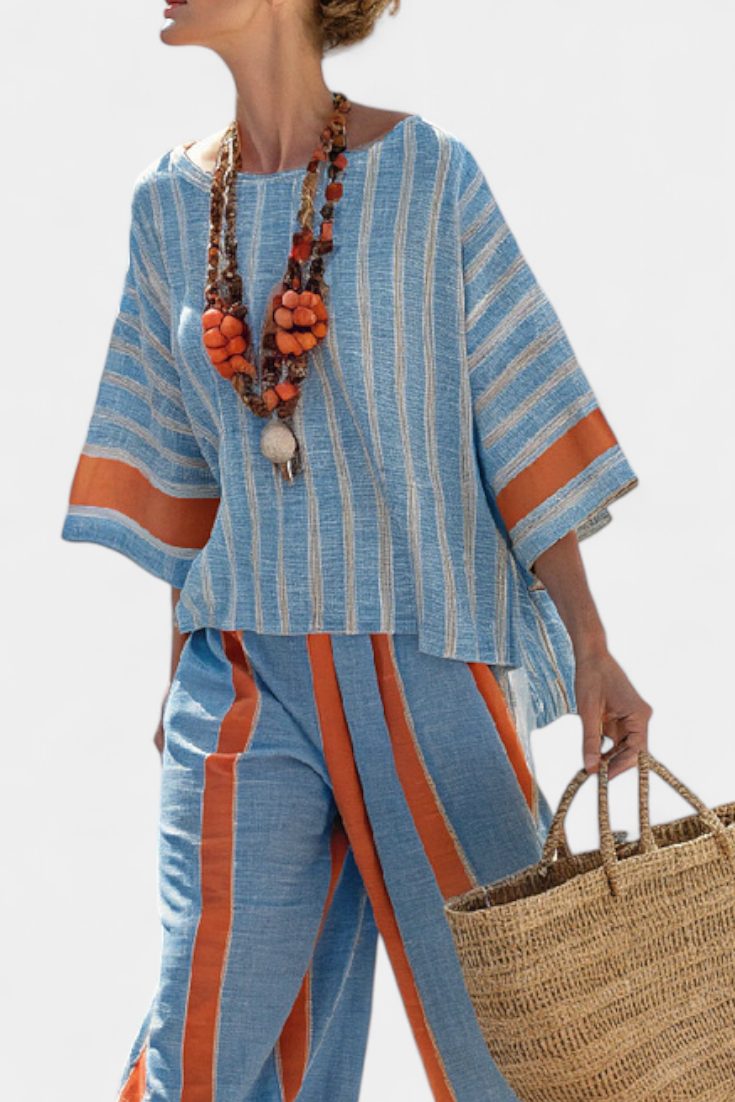 Striped Linen Top and Trousers Set for Women - View 2
