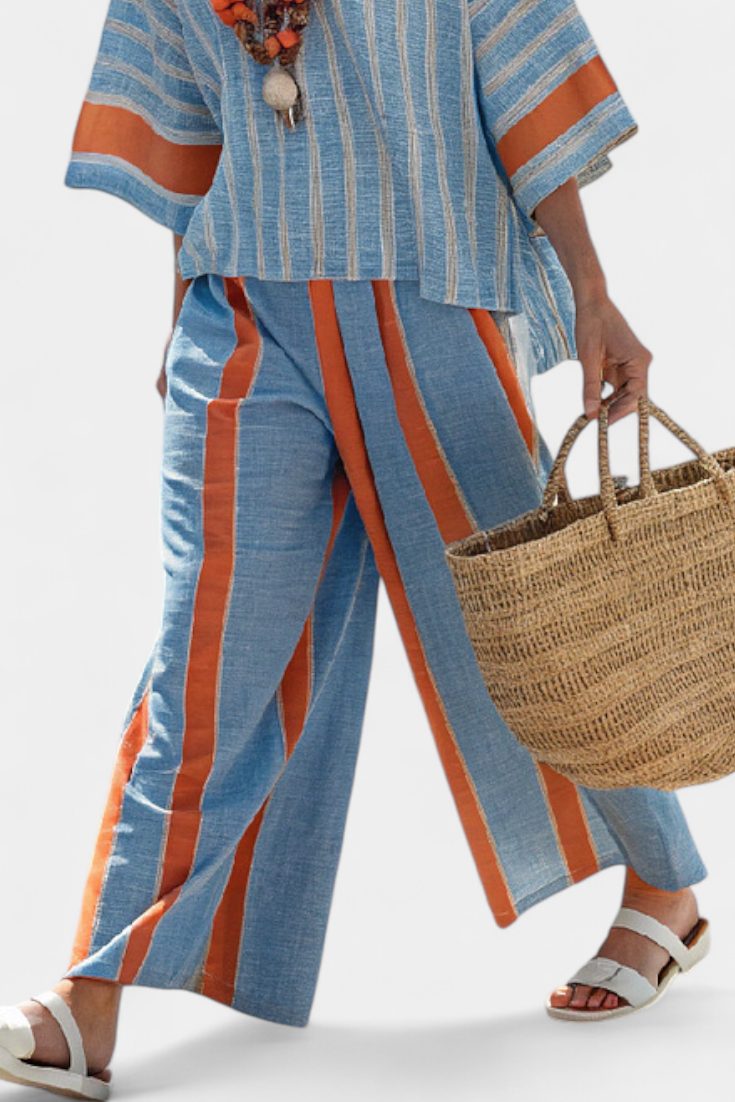Striped Linen Top and Trousers Set for Women - View 3
