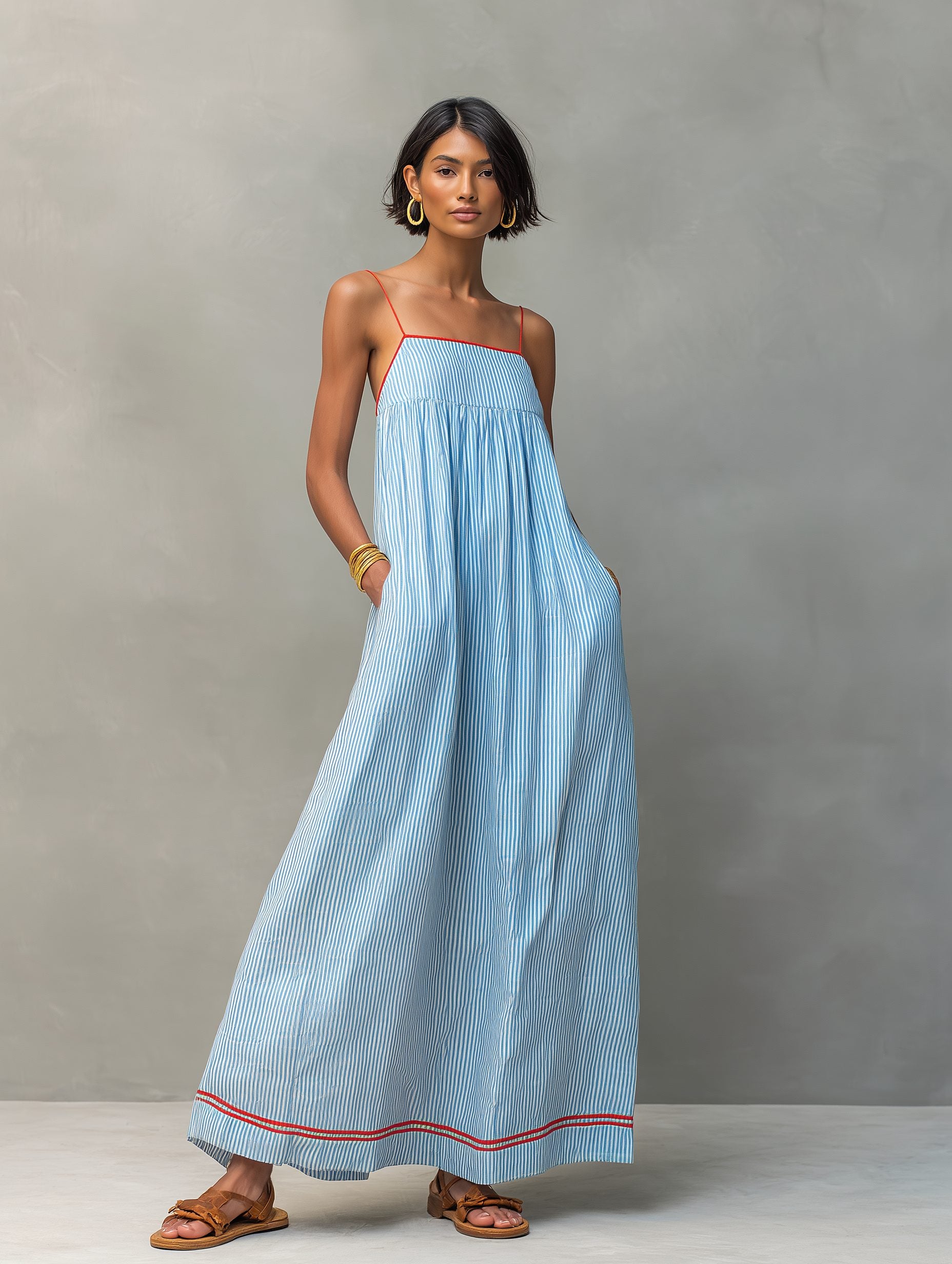 Striped Maxi Dress with Pockets for Women - Bleu