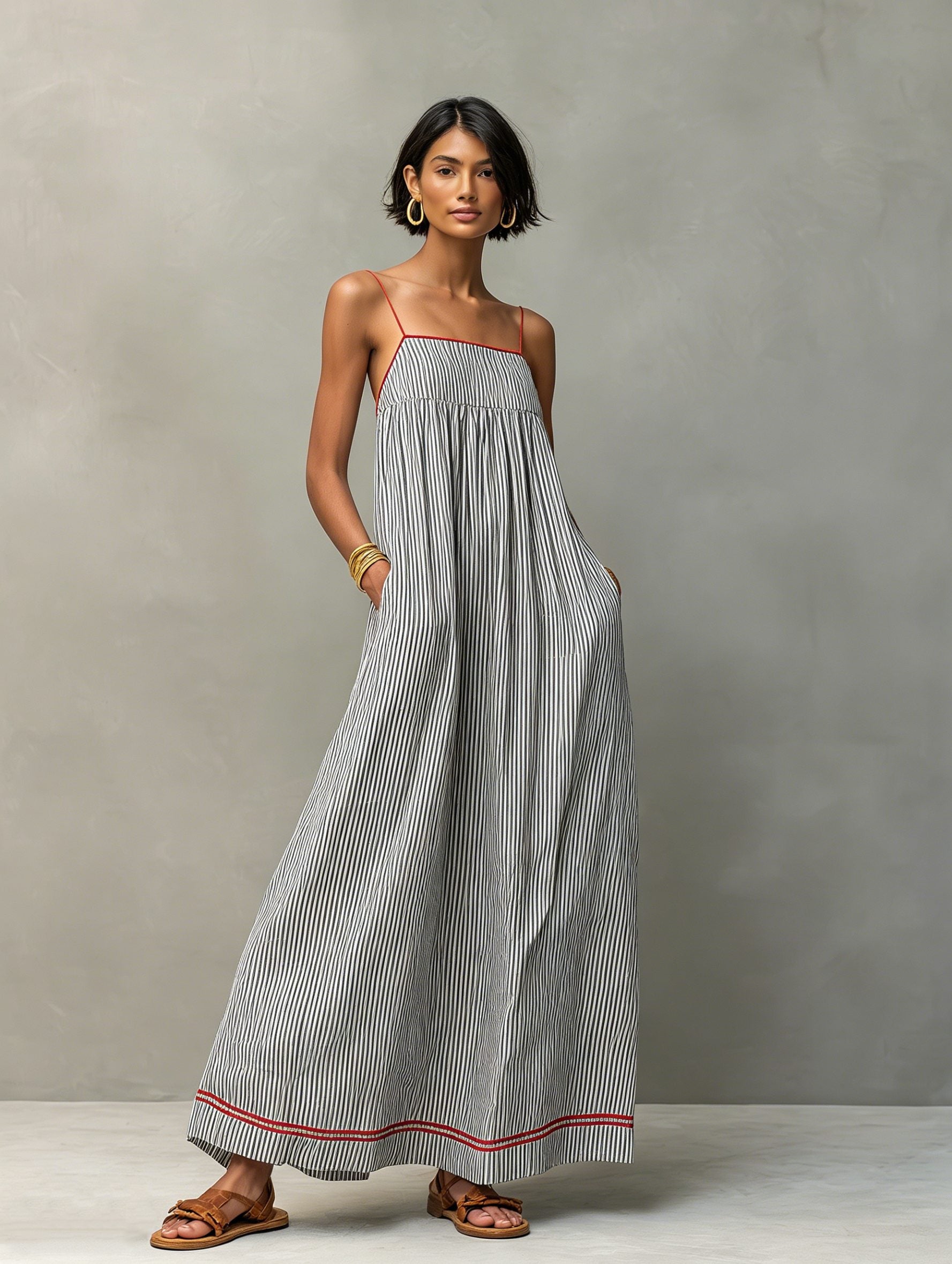 Striped Maxi Dress with Pockets for Women - Noir